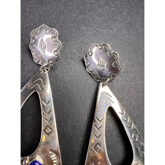 Vintage Navajo Joe Delgarito Sterling Silver Lapis Coral Turquoise Earrings - Picture 9 of 16